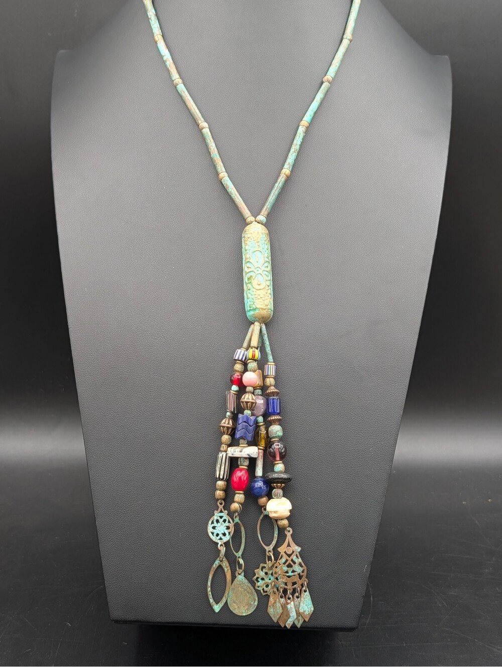 Vintage Venetian Glass Trade Bead Necklace Verdigris Brass Y Drop Tassel 20"